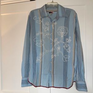 Men’s Rare Vintage Striped Embroidery Look Long Sleeve Button Down Shirt